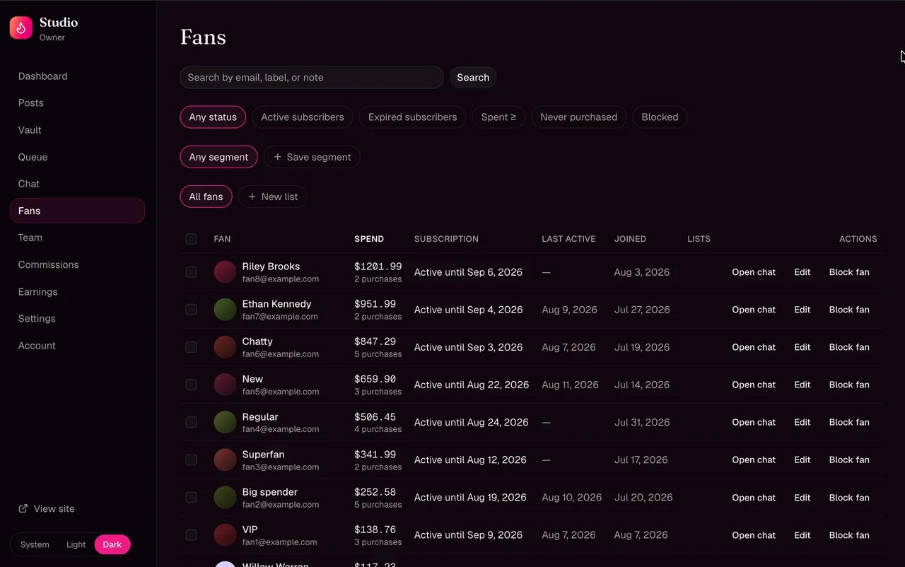 Fans studio screen